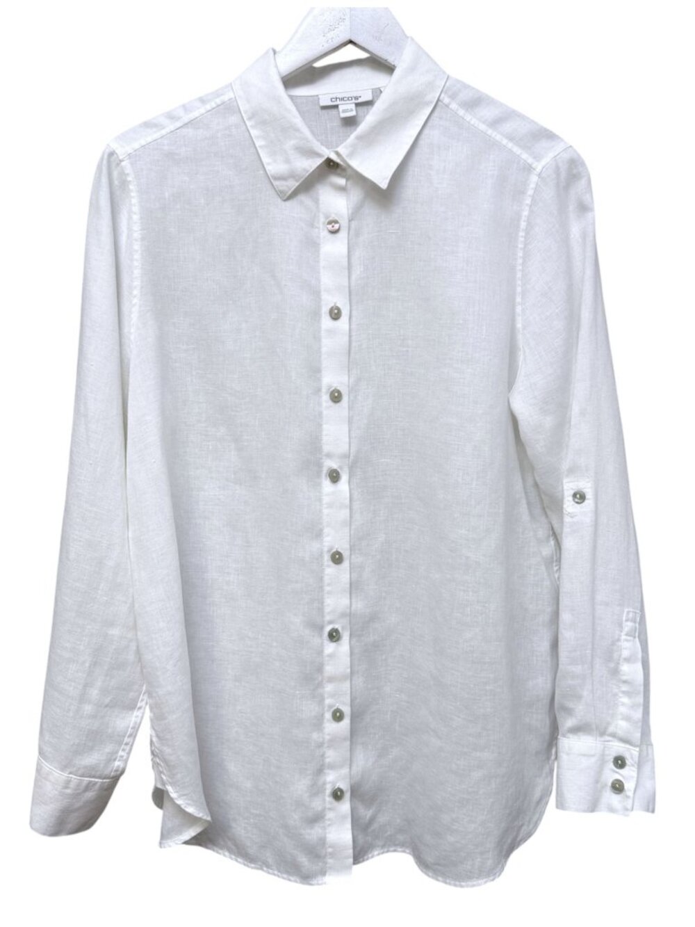 CHICO'S 100% Linen Shirt Size 10 Classic White Womens Long Sleeve Button Up